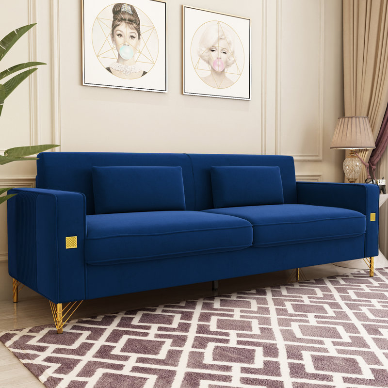 Canapé à accoudoirs carrés en velours 85,63 po Deondry, Velours bleu