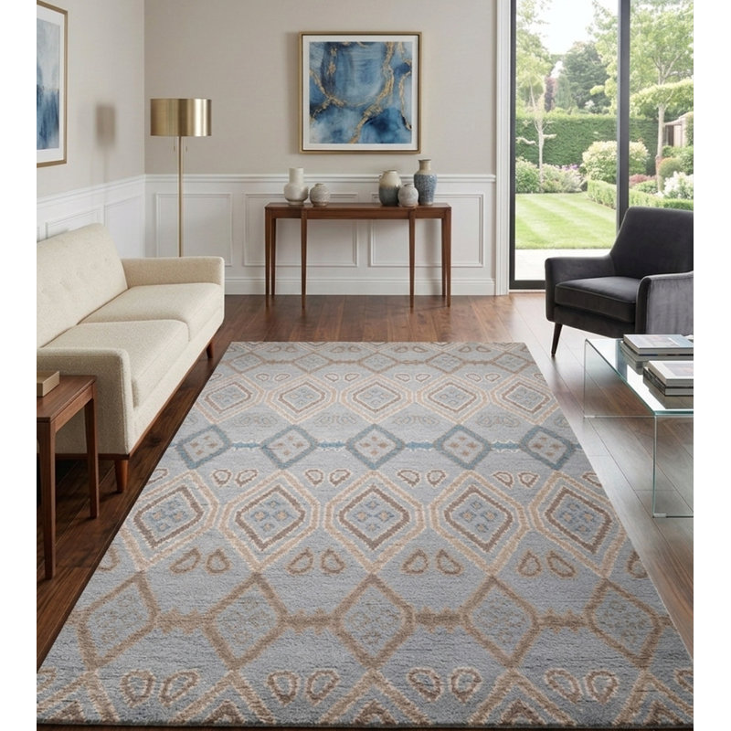Light Blue Wool Handmade Geometric Hand Knotted Rectangle Indoor Area Rug, Rectangle 5' x 8'