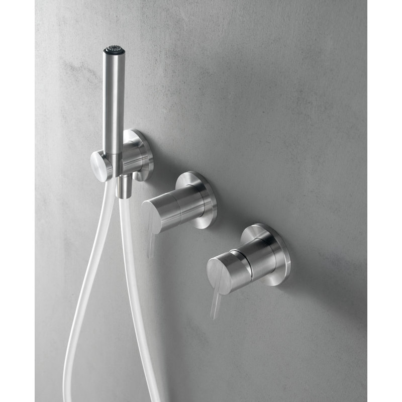 Acquaco Linki Stylo Wall Mount Four-Hole Two Handle Bathtub Faucet with Hand Shower, Polished Stainless