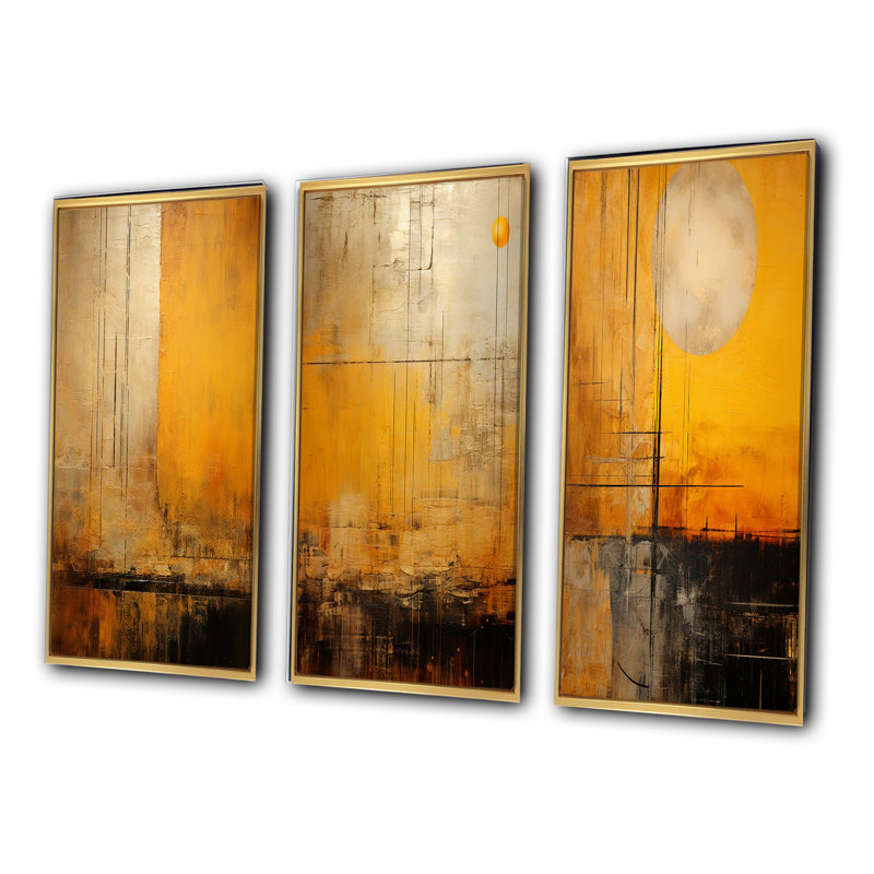 «Full Moon Rustic Memories III», 3 pièces sur toile, Cadre flottant doré, H 32 po x l 48 po