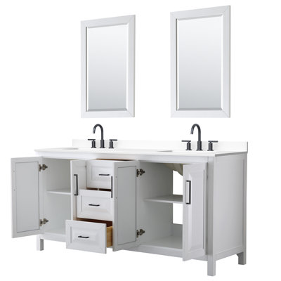 Daria 72 Inch Double Bathroom Vanity in White, White Cultured Marble Countertop, Undermount Square Sinks (3-Hole), Matte Black Trim, 24 Inch Mirrors