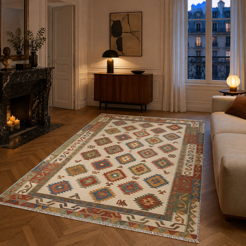 Oriental Cotton and Chenille Flatweave Area Rug, 200 cm round