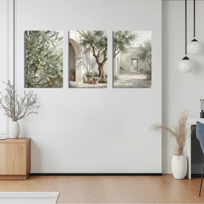 Olive Tree Garden Landscape Canvas Wrapped Wall Art Oil Painting Print Set Of 3 For Living Room Decor