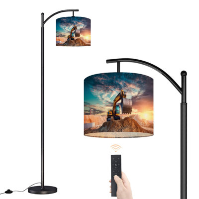 Arc Floor Lamp with Adjustable Lampshade Excavator construction site against setting sun Standing Lamp 3 Color Temperatures Dimmable Tall Pole Lamp with Foot Switch for Bedroom