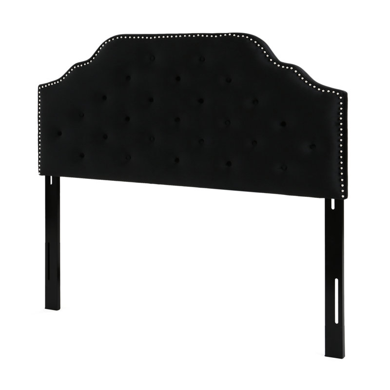 Contemporary Queen & Full Sized Headboard - Upholstered In Black Velvet With Button Stitch And Nailhead Accents, Assembly Needed Elegant Upholstery Diamond Pattern Exquisite Required