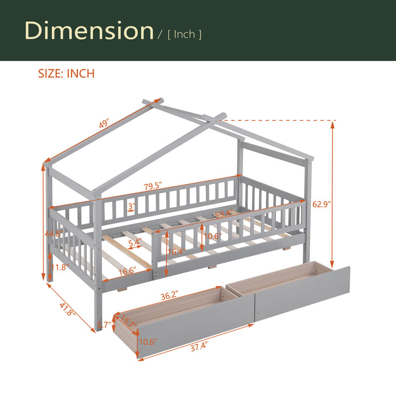 Lit simple en bois avec deux tiroirs, Gris