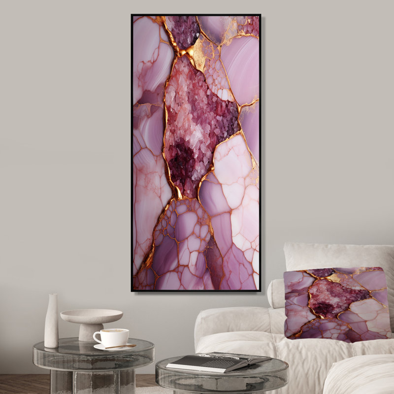"Rivière de marbre rose et or II", Cadre flottant noir, H 60 po x l 28 po x P 1,5 po