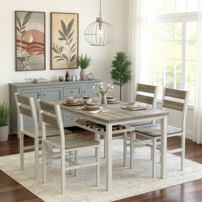  5-Piece Dining Table Set For 4 With Storage Rack, Farmhouse Wood Kitchen Table & Chairs Set With Metal Frame, Dining Room Table With 4 Curved Chairs For Breakfast Nook, Apartment