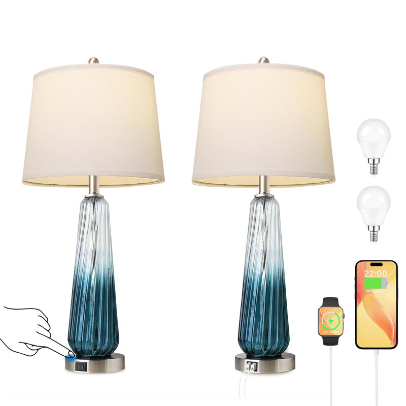  Table Lamp Set With Touch Control, Led Bulbs, Usb Ports