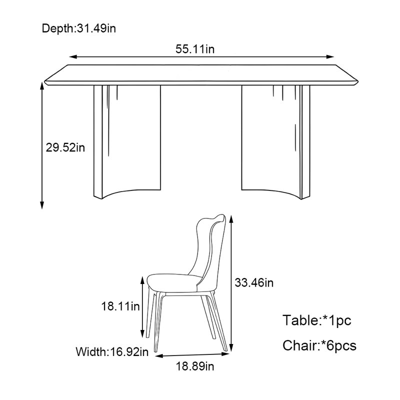 Luxury-modern minimalist rectangular table set, 7, 29.52”H x 55.11”L x 31.49”W