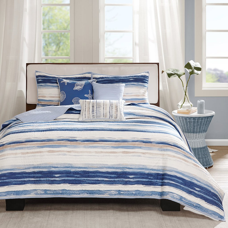 6 Piece Quilt For King/ King - Blue With Watercolor Design Pillow Group Pillows