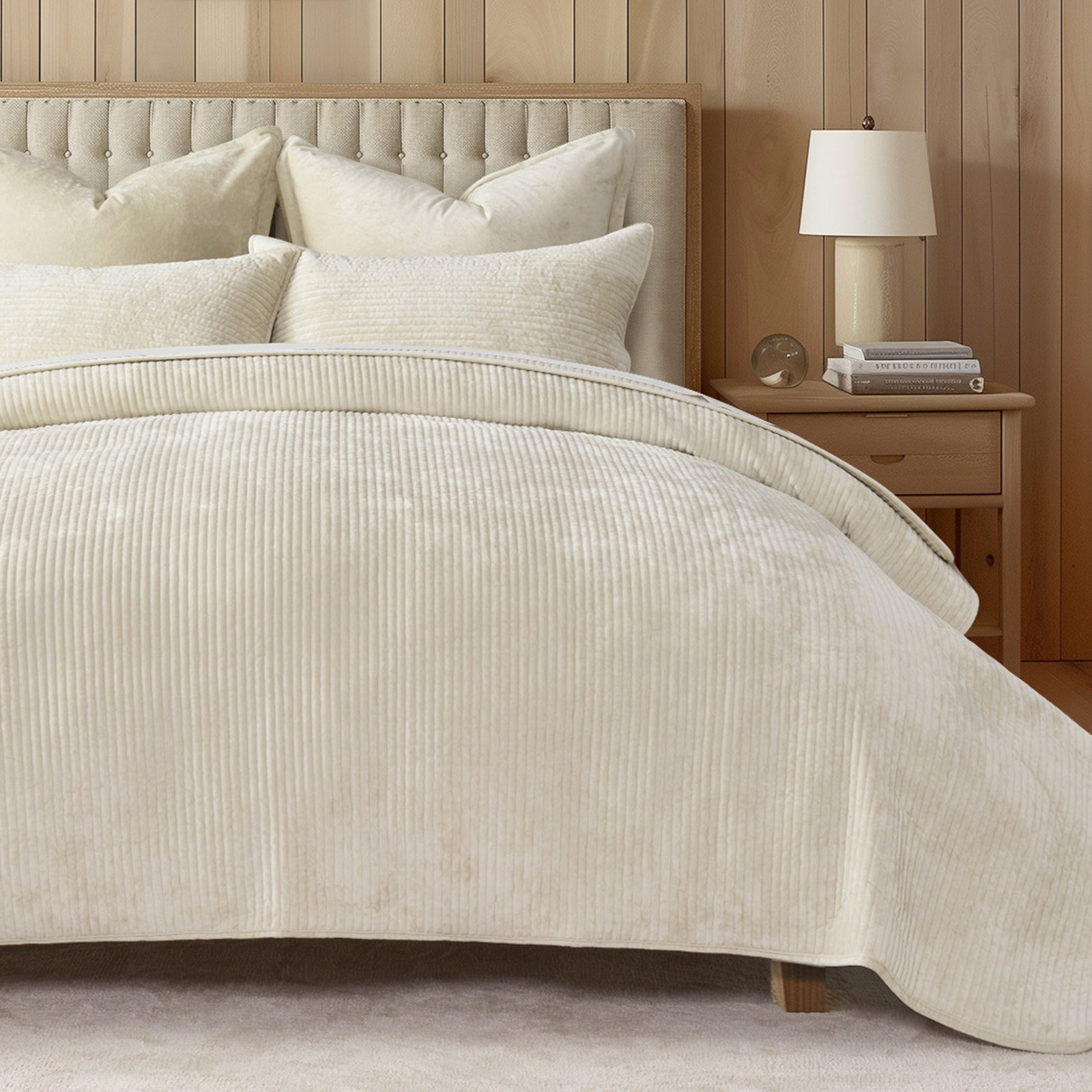 Striped Channel Velvet Quilt Set, Light Sand, Queen
