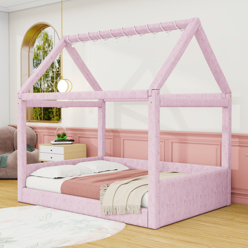 Full-Size Corduroy Upholstered House-Shaped Daybed with LED Light, Pink