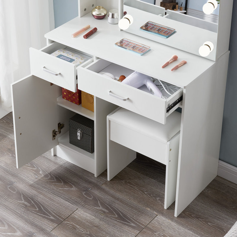 Meuble-lavabo avec miroir lumineux à DEL, table de maquillage avec 2 tiroirs et 1 armoire de rangement dissimulée coulissante et 1 armoire pour la chambre à coucher