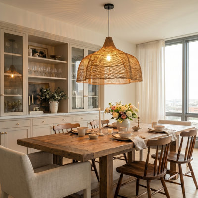 Natural Rattan Pendant Light, Large Handwoven Boho Hanging Light  Dining Room Kitchen Island Bedroom