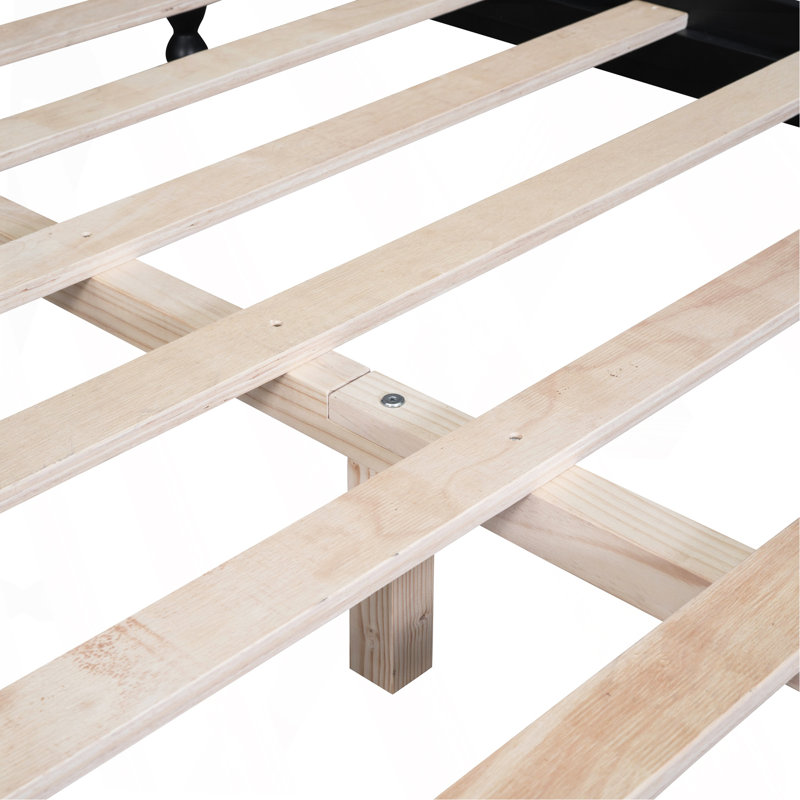 Structure de lit double en bois pleine grandeur, lit plateforme de style rétro avec support en lattes de bois, noir