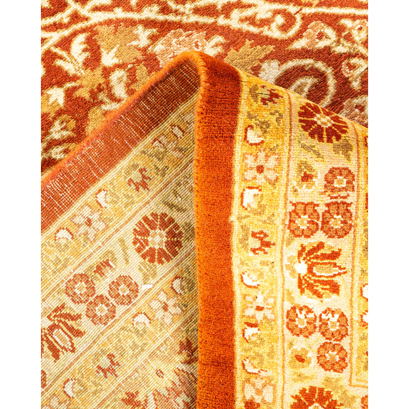 Tapis orange / rouge foncé en laine noué à la main de conception unique 8 pi 2 po x 10 pi 2 po Hilke
