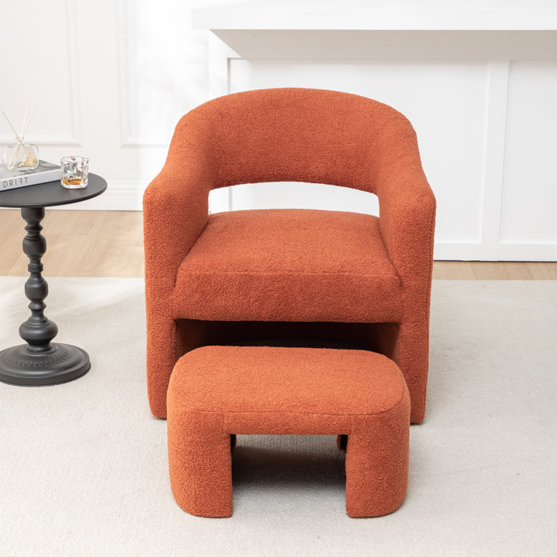 Torrence Upholstered Barrel Chair With Ottoman, Orange Faux Fur
