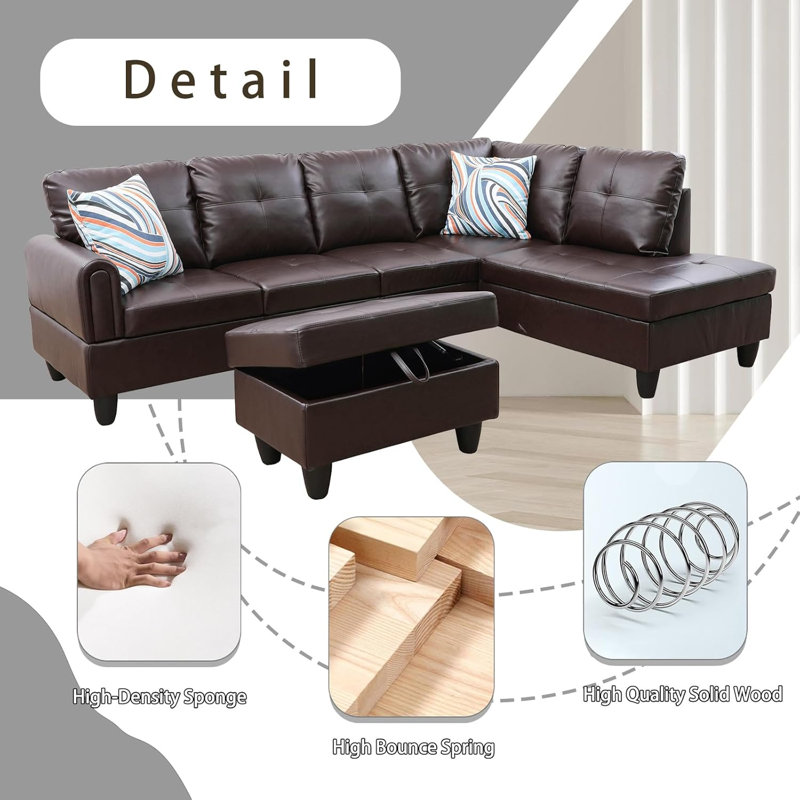 3-Piece Faux Leather Sectional Sofa, Brown Faux Leather