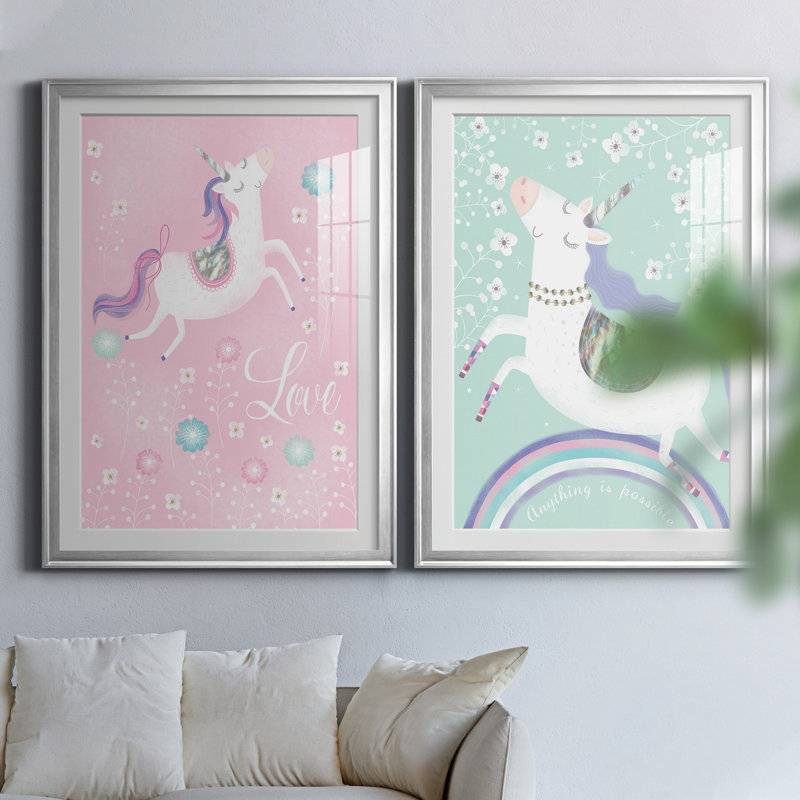 «Love Unicorn», ensemble de 2 impressions, H 26,5 po x l 73 po x P 1,5 po, Papier avec cadre argenté, Blanc