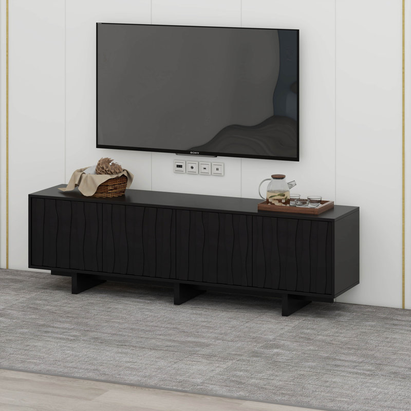Meuble télé à grain rétro avec porte ondulée, Noir