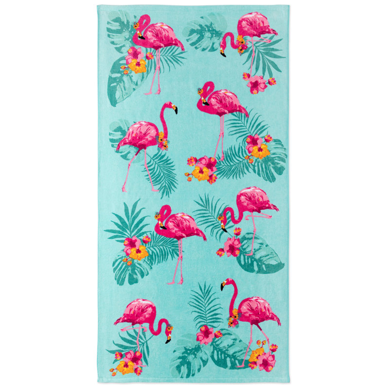 Serviette de plage 100% coton à imprimé flamant rose