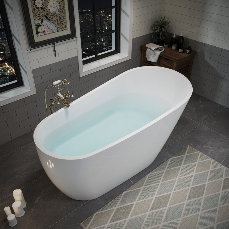 55" Acrylic Freestanding Bathtub, Stylish Deep Soaking Bathtub With Pop-Up Drain & Integrated Overflow, Contemporary Stand Alone Bath Tub For Bathroom Spa Or Home Upgrade, Glossy White