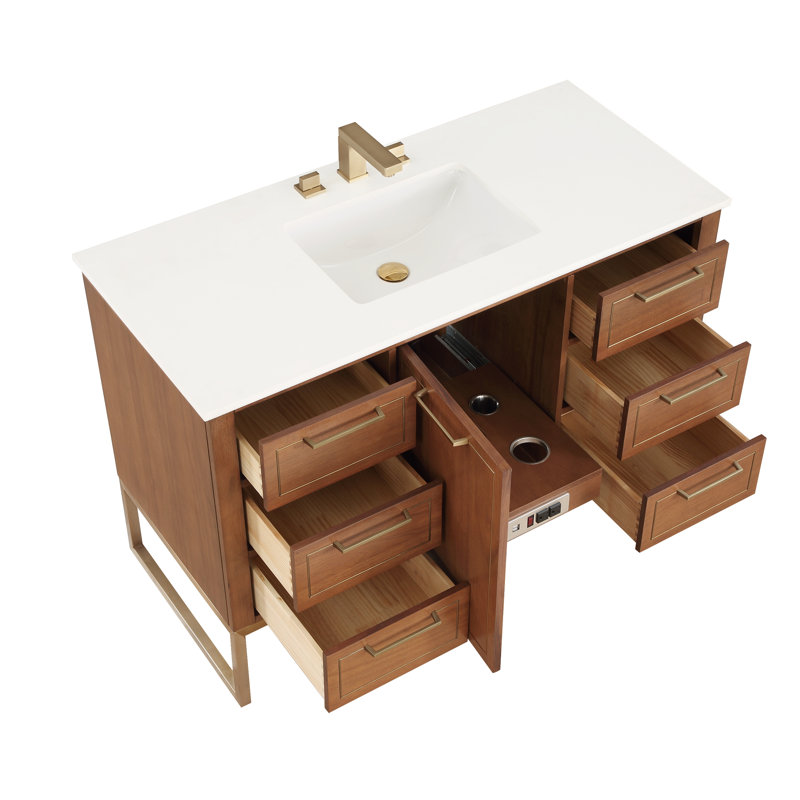 Ensemble de meuble-lavabo simple 48 po Markham, Noyer, Quartz blanc, Laiton satiné