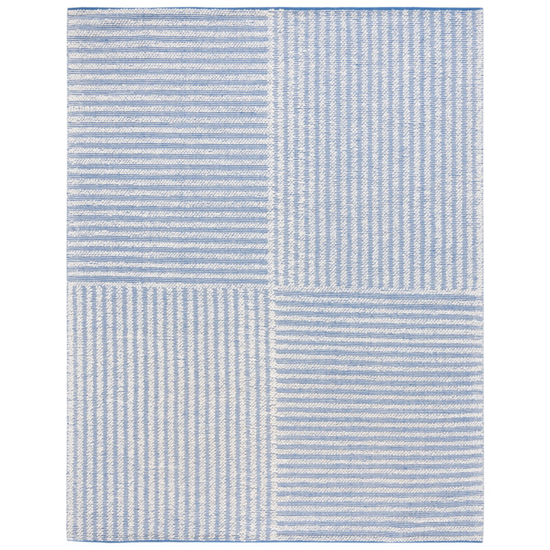 Karpeta Hand Woven Wool/Cotton Striped Rug in Ivory/Blue, Rectangle 8' x 10'