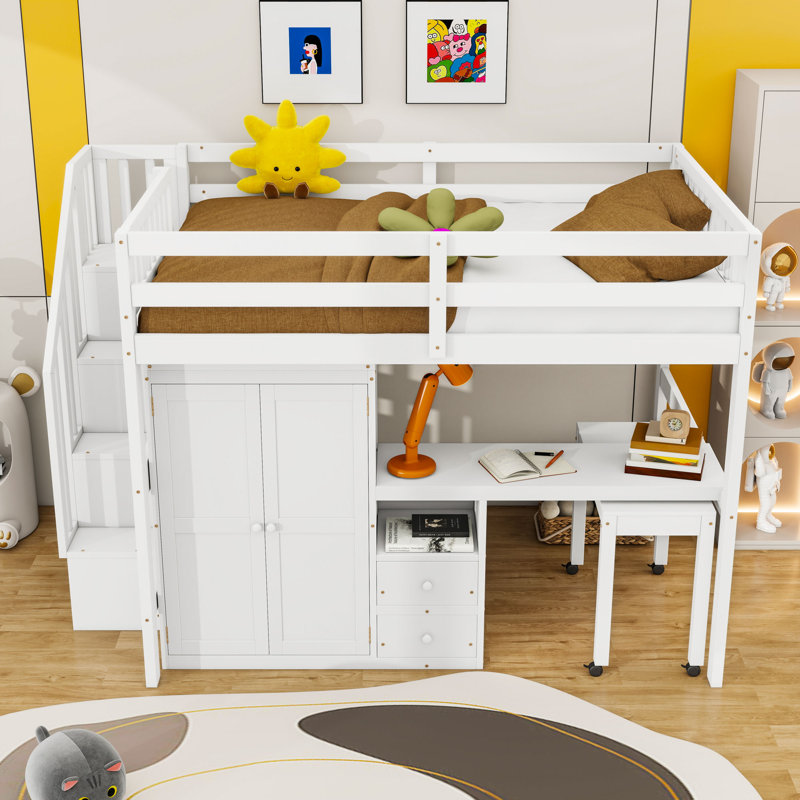 Lit mezzanine en bois avec bureau intégré et tablettes, Double, Blanc