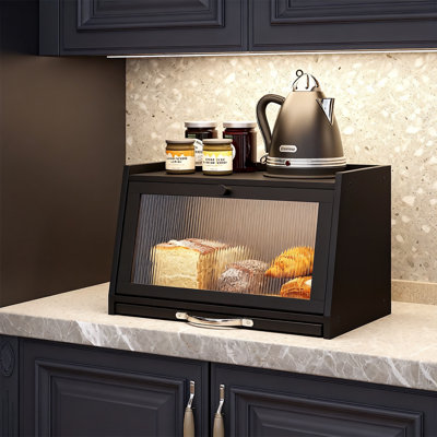 Bamboo Bread Box With Cutting Board And Wavy Acrylic Transparent Door, Bread Storage Container, (Black)