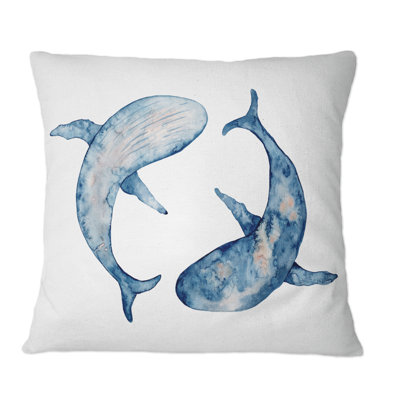 Illustration de l'aquarelle de baleines bleues sur fond blanc - Coussin décoratif imprimé nautique et côtier