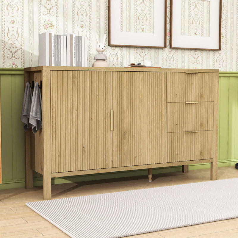 Buffet Wave-Wave avec tablettes réglables, 3 tiroirs, crochets et pieds centraux supplémentaires, Naturel