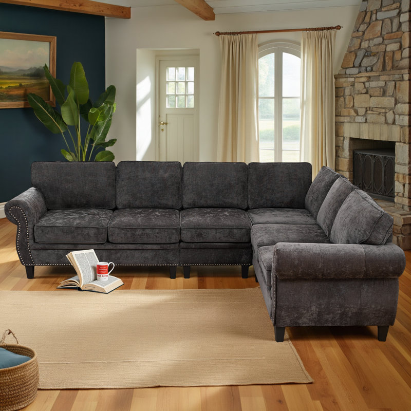 Canapé modulaire modulaire de 109,5 po avec coussins moelleux, Polyester gris foncé