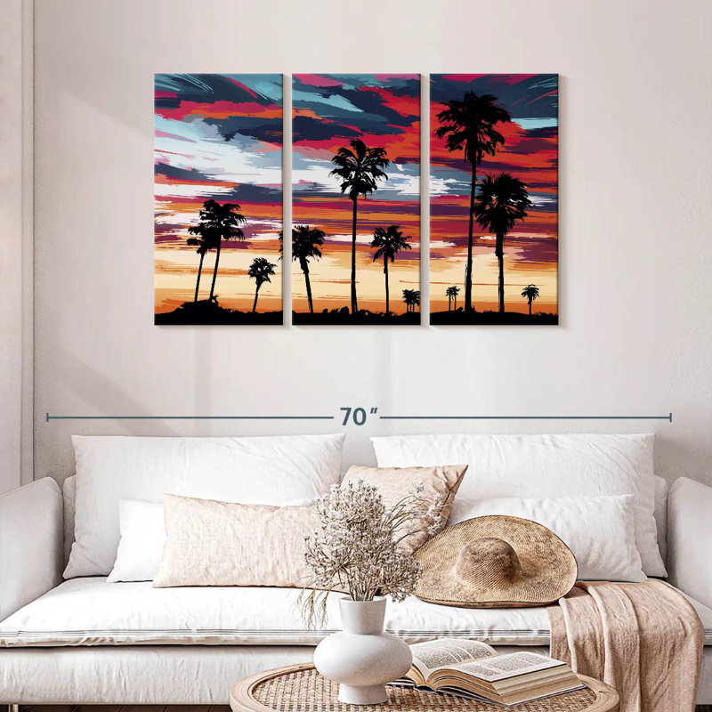 Silhouette de palmiers au coucher du soleil, H 28 po x l 45 po