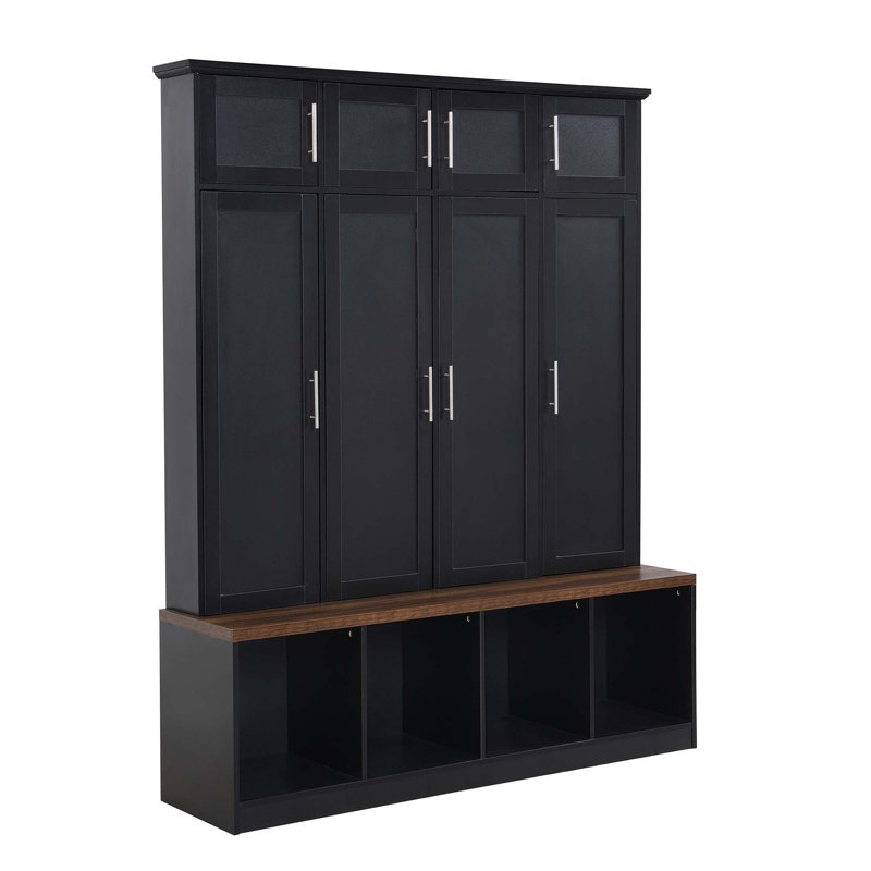 Multi-Functional Hall Tree With 4 Hidden Hanging Hooks, Wood Grain Bench With Multiple Storage Space, Entryway Cabinet With Open Compartments For Living Room, Hallway