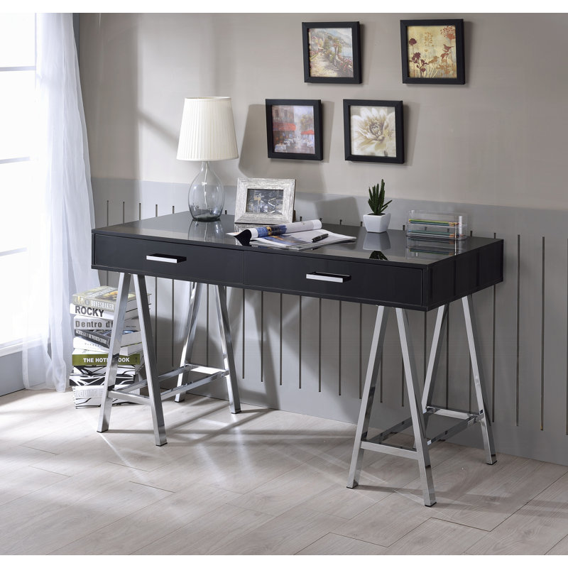 54.4" W WRITING DESK, BLACK HIGH GLOSS & CHROME