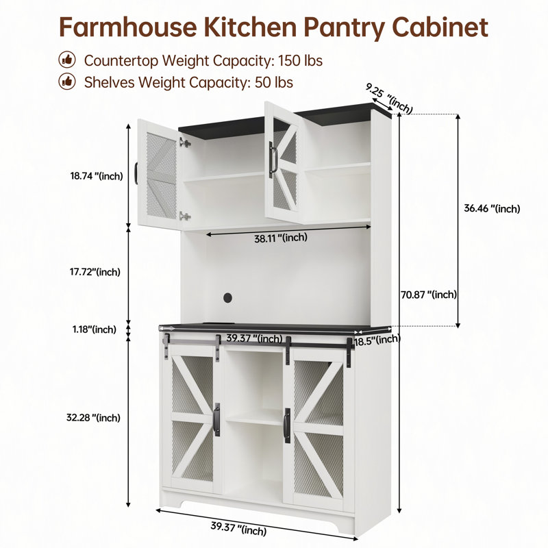 Armoire garde-manger 71 po en bois 71 po pour salon avec station de charge de rangement et lumières DEL Farmhouse