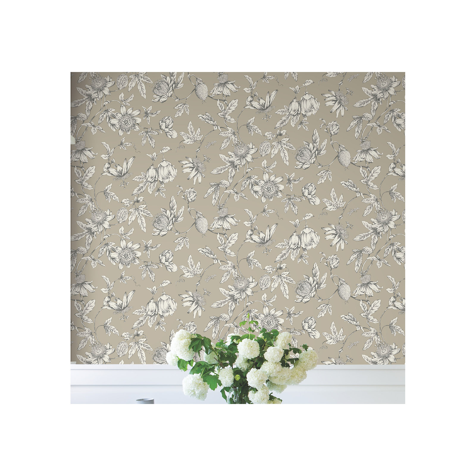 Passion Flower Toile Floral Wallpaper, Linen