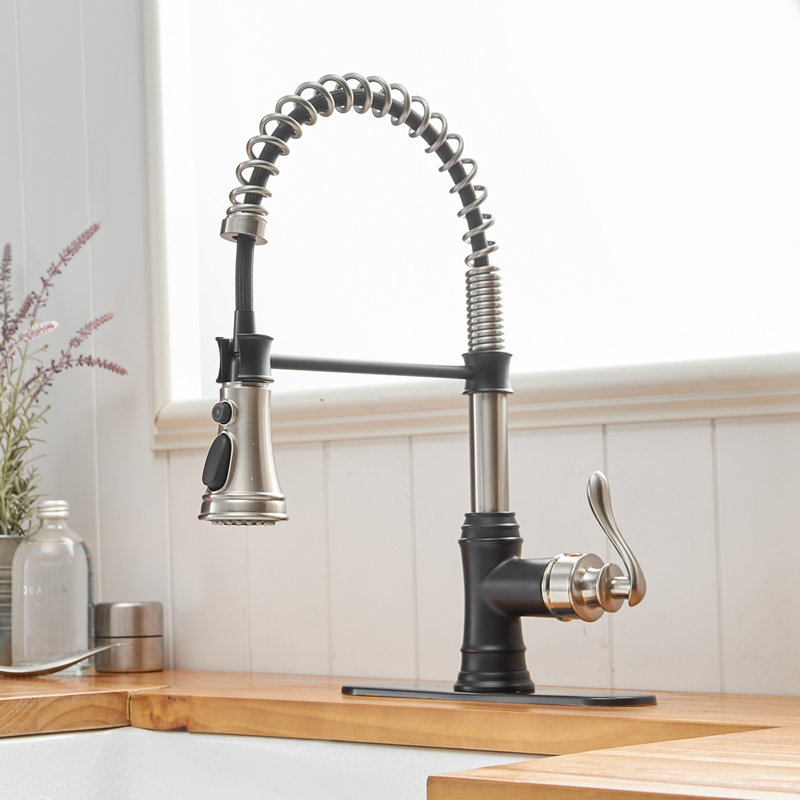 Single Handle Pull Down Sprayer Kitchen Faucet With Advanced Spray, Pull Out Spray With Deck Plate In, Brushed Nickel/Black