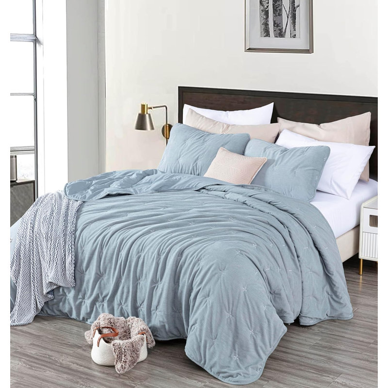  Corduroy Polyester Cross Stitch Comforter Set, King Comforter + 2 King Shams, Smoke Blue