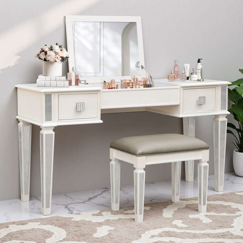 Ensemble de coiffeuse en miroir avec miroir rabattable et tabouret | Coiffeuse, 2 tiroirs et rangement caché | Chambre à coucher, appartement, bureau à domicile