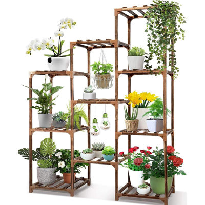 10 Grid Solid Wood Shelf Plant Display Stand - Multi-Tier Indoor Outdoor Flower Rack