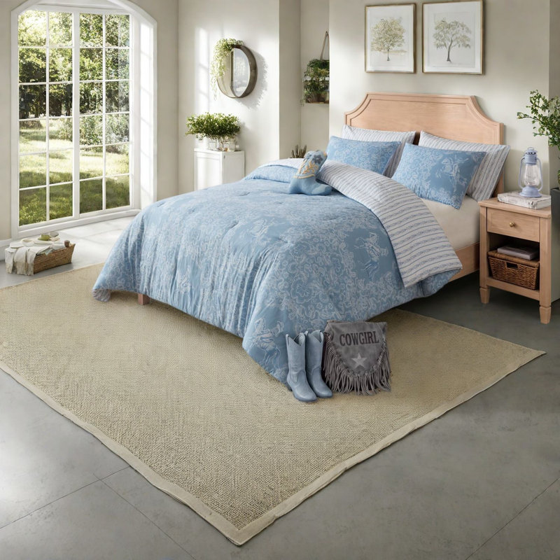 -Piece Blue Microfiber Bedding Sets, Western Cowgirl Comforter Set for Bedroom