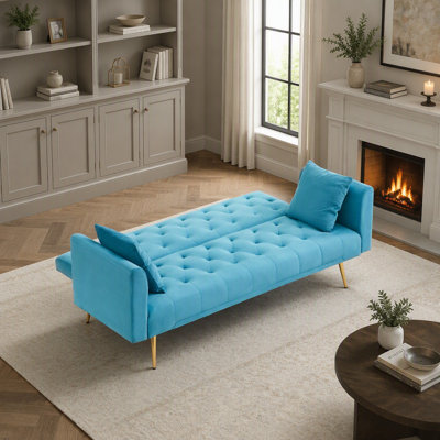 71 Inch Convertible Loveseat Sofa, American Retro Style, Light Blue Velvet, Ideal for Small Living Rooms and Bedrooms