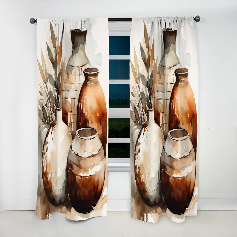 Vase en terre cuite brun et crème élégant I - Rideau de poterie Boho - Velours obscurcissant - 1 panneau, L 52 po x L 84 po