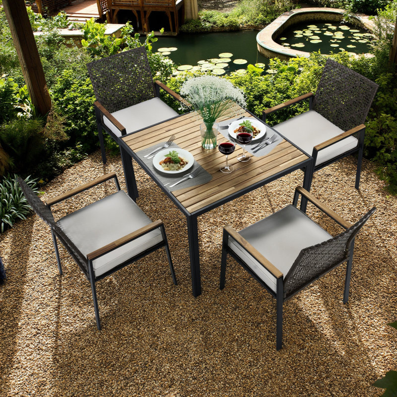 All-Weather 5-Piece Patio Dining Set with Acacia Wood Tabletop & Umbrella Hole, Rattan Outdoor Furniture for Backyard & Garden