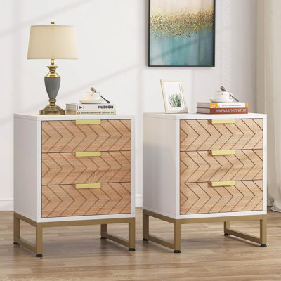 Ensemble de 2 tables de chevet modernes avec 3 tiroirs, tables de chevet de 17,7 po avec accents dorés, design élégant en zigzag, petites tables de bout pour la chambre à coucher, le salon ou le bureau
