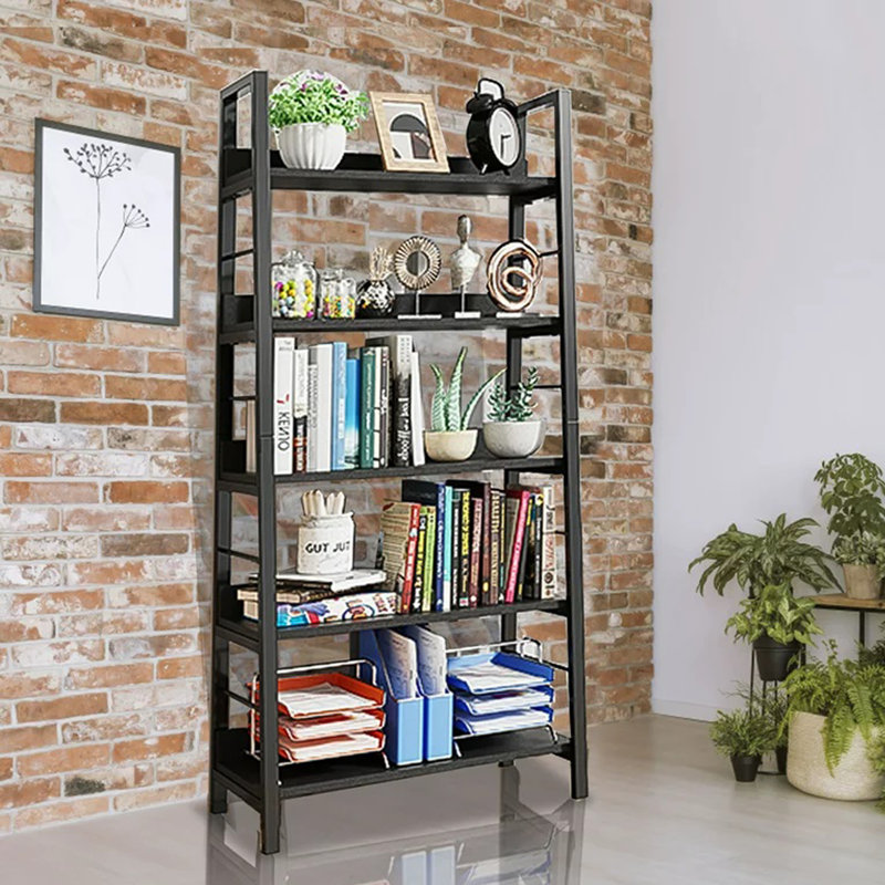 Eleri 5 Tiered Bookshelf, Ladder Shelf Etagere Bookcase, Wood and Metal Bookshelf, Black
