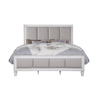 Katia Light Gray Linen & Weathered White Finish Bed